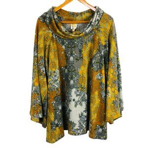 Fig & Flower Cowl Neck Patterned Tunic Top Sz 3X Multicolored Floral Wide Sleeve